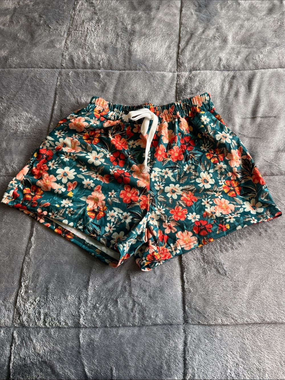 SHEIN Teal Floral Drawstring Athletic Shorts with Coral and Cream Flowers